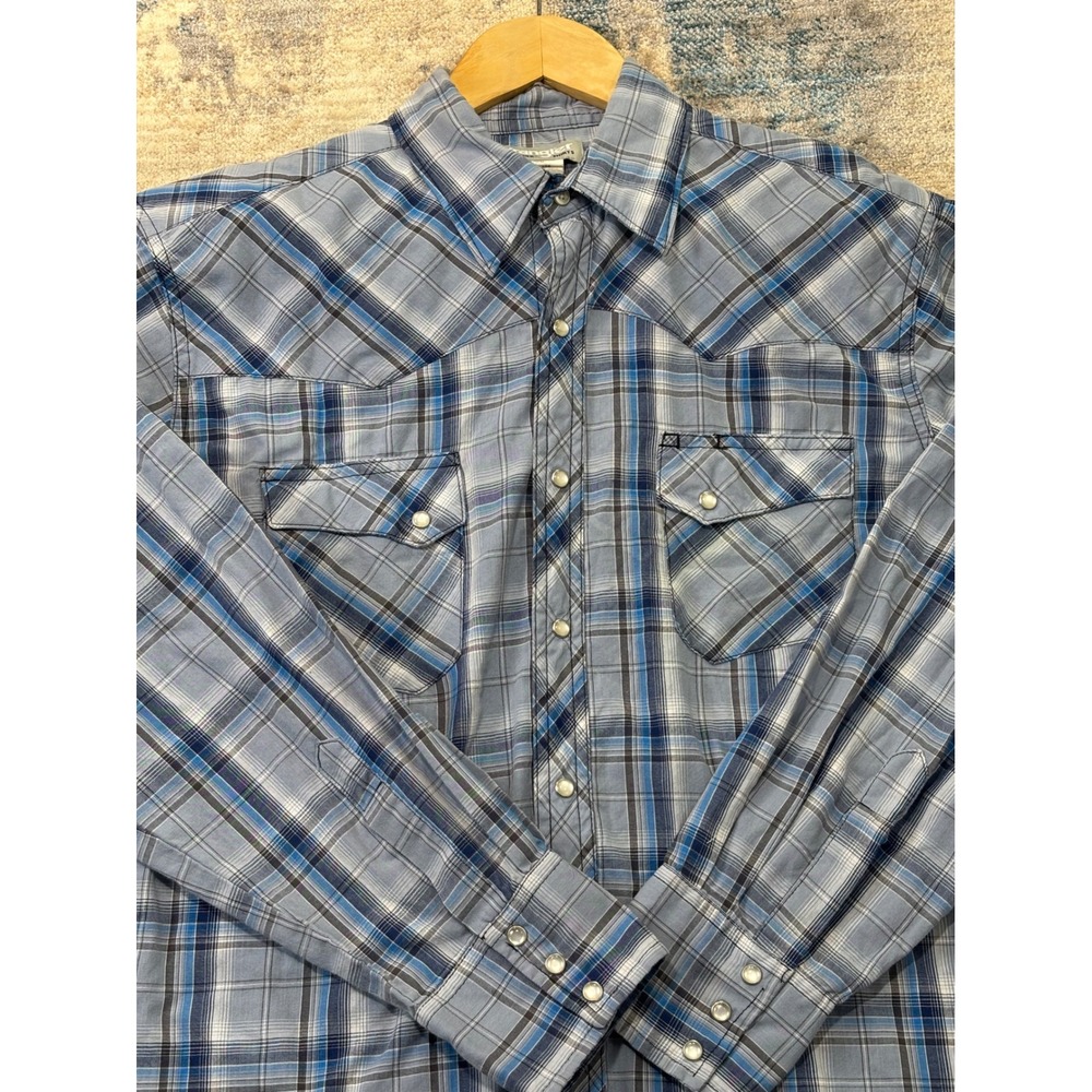 Wrangler Wrancher Mens Blue‎ Grey Plaid Pearl Snap Western Shirt MTW1256 Large